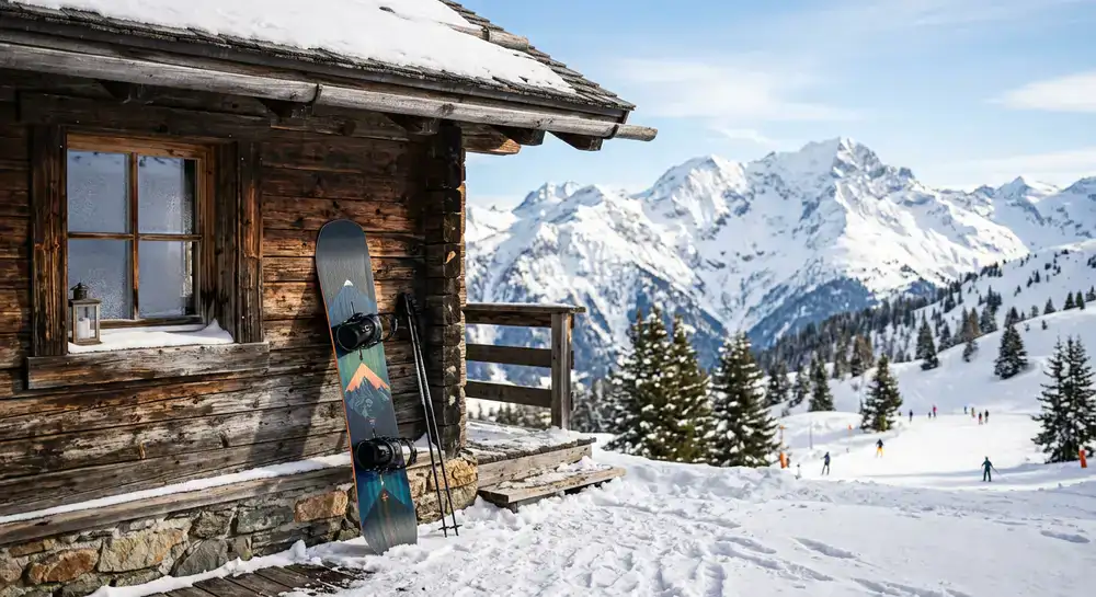 All-mountain snowboard leaning against a lodge