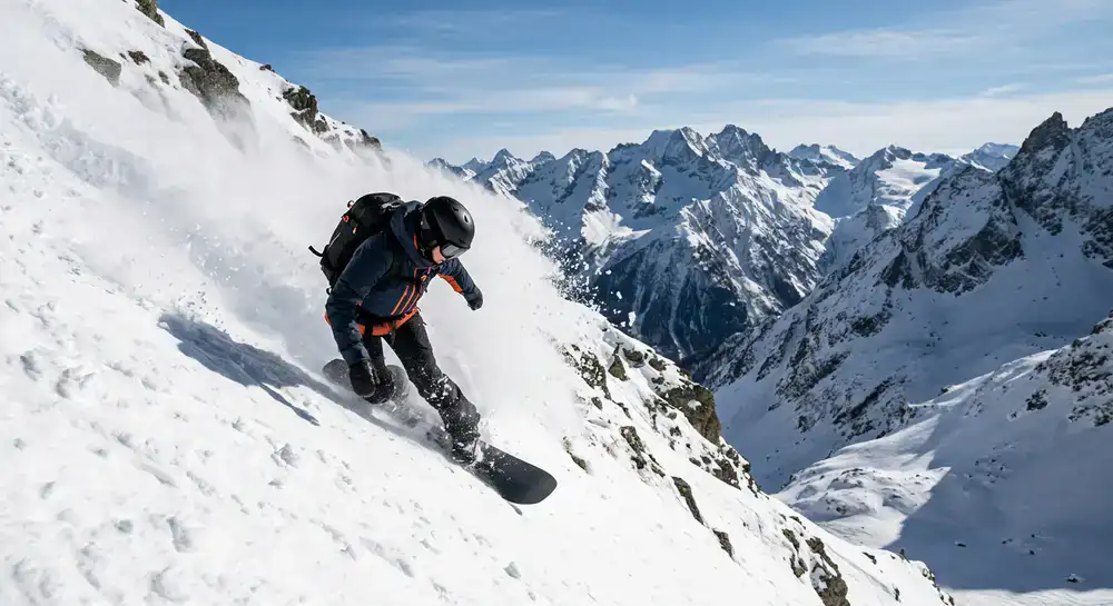 Winter athlete snowboarding aggressively down a steep backcountry face
