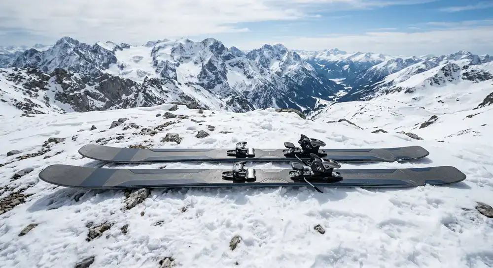 Titanium reinforced freeride skis lying flat
