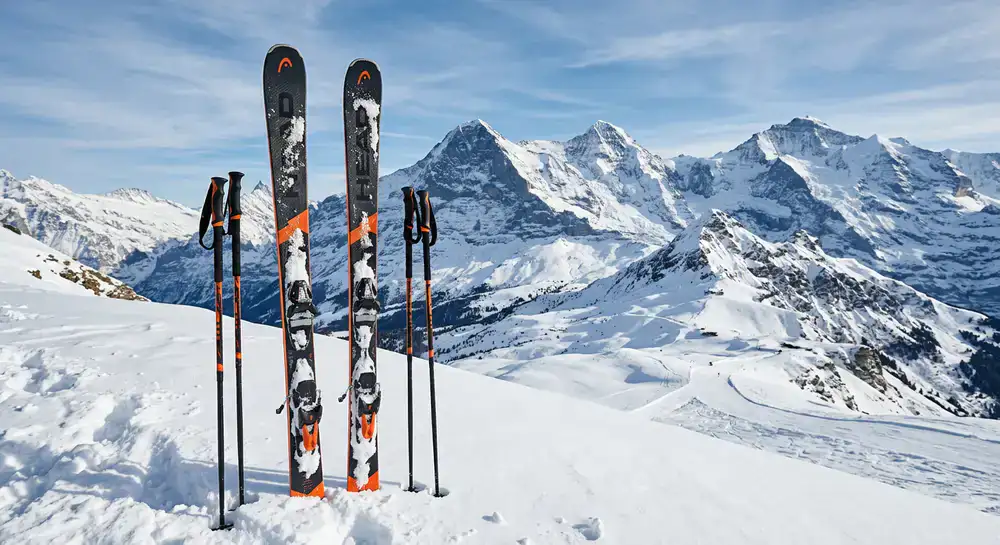 High performance alpine skis resting in the snow