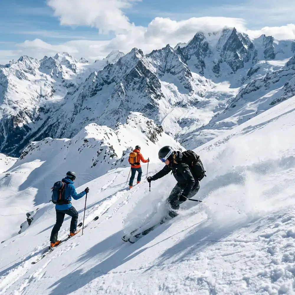 Winter athletes testing durable Obrentic Outdoors equipment on a snowy mountain