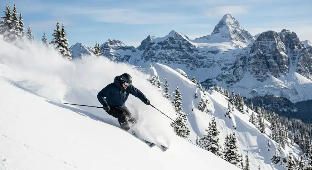 Skier navigating deep fresh powder in the Canadian Rockies