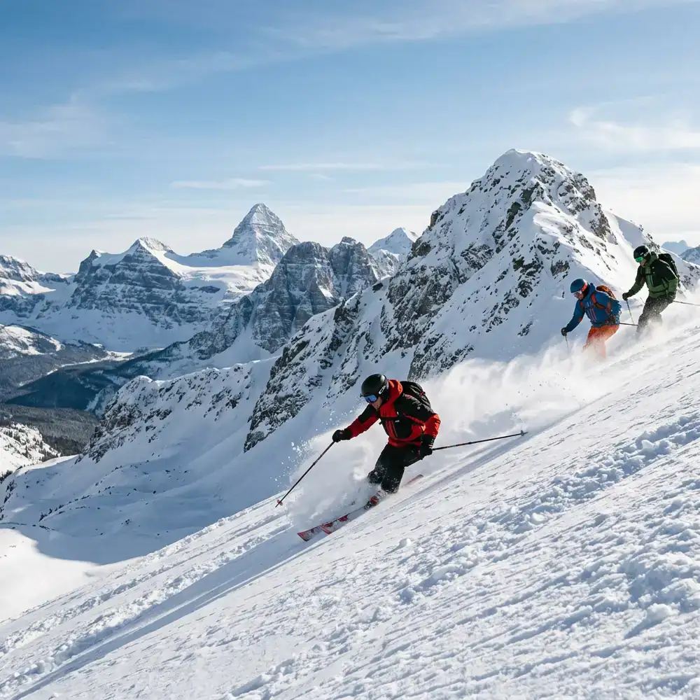 Skiers carving down a pristine Canadian mountain peak