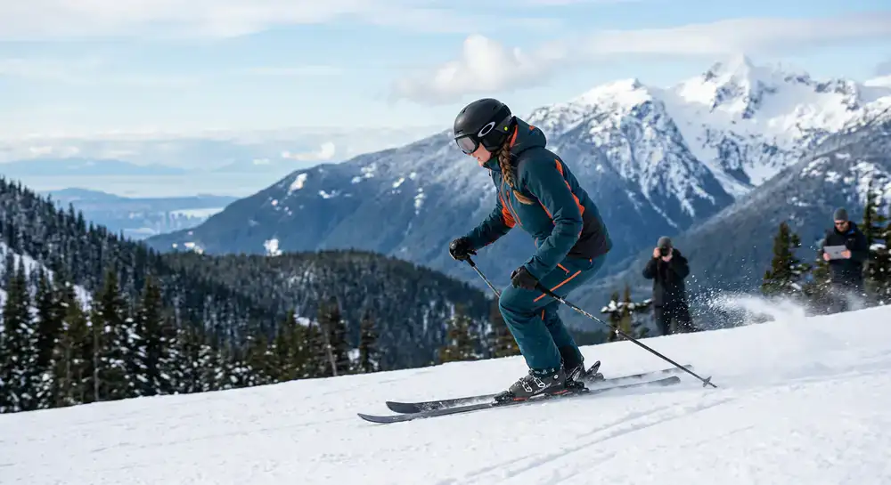 Winter athlete testing equipment in the snow near Vancouver