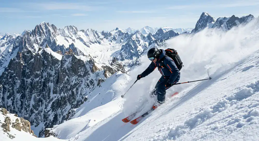 Skier navigating deep powder on a steep alpine mountain